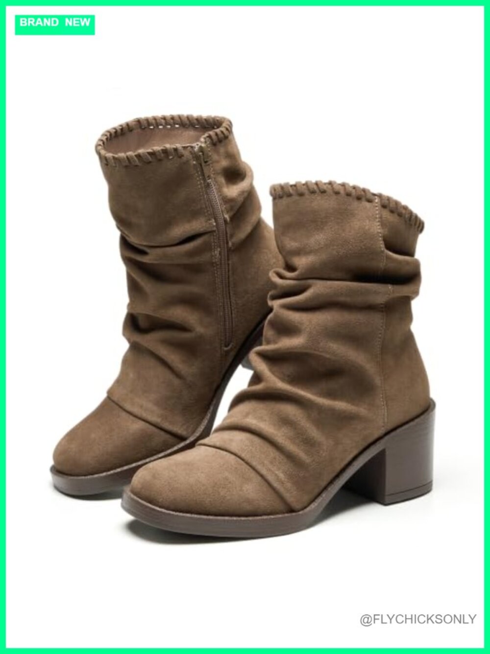 Genuine Leather Slouch Ankle Boots Block Heel Side Zip Booties